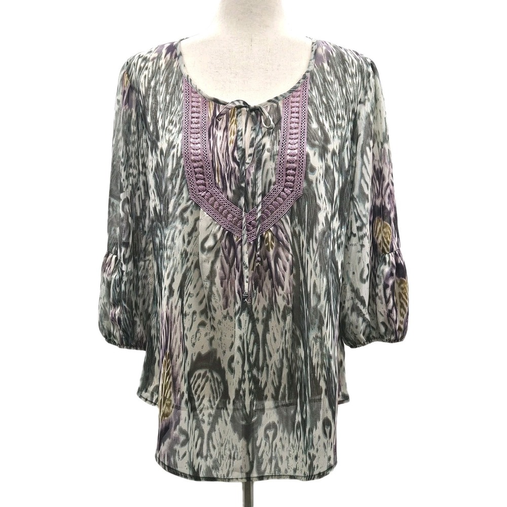 Marc Bouwer Womens Grey Purple Abstract Ikat Tunic Blouse Crochet Trim Size M